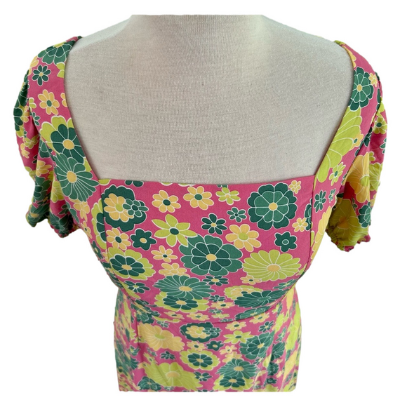 Glamorous Pink Green Yellow Size 8 Dress Floral Tie Back Square Neck Side Split - Picture 4 of 13